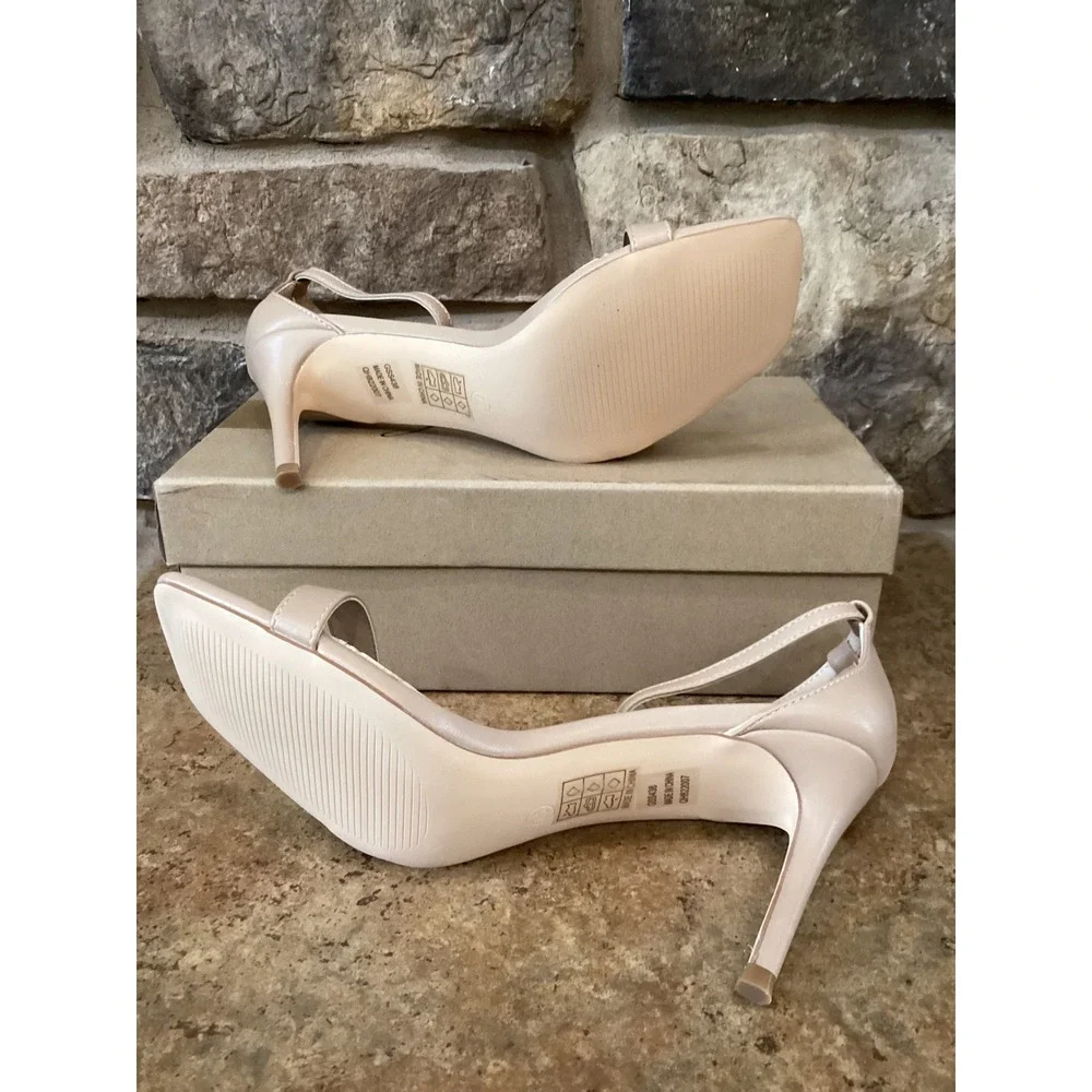 Genshuo Size 7.5 Nude Matte Ankle Strap Stiletto Heels Square Toe Sandals New